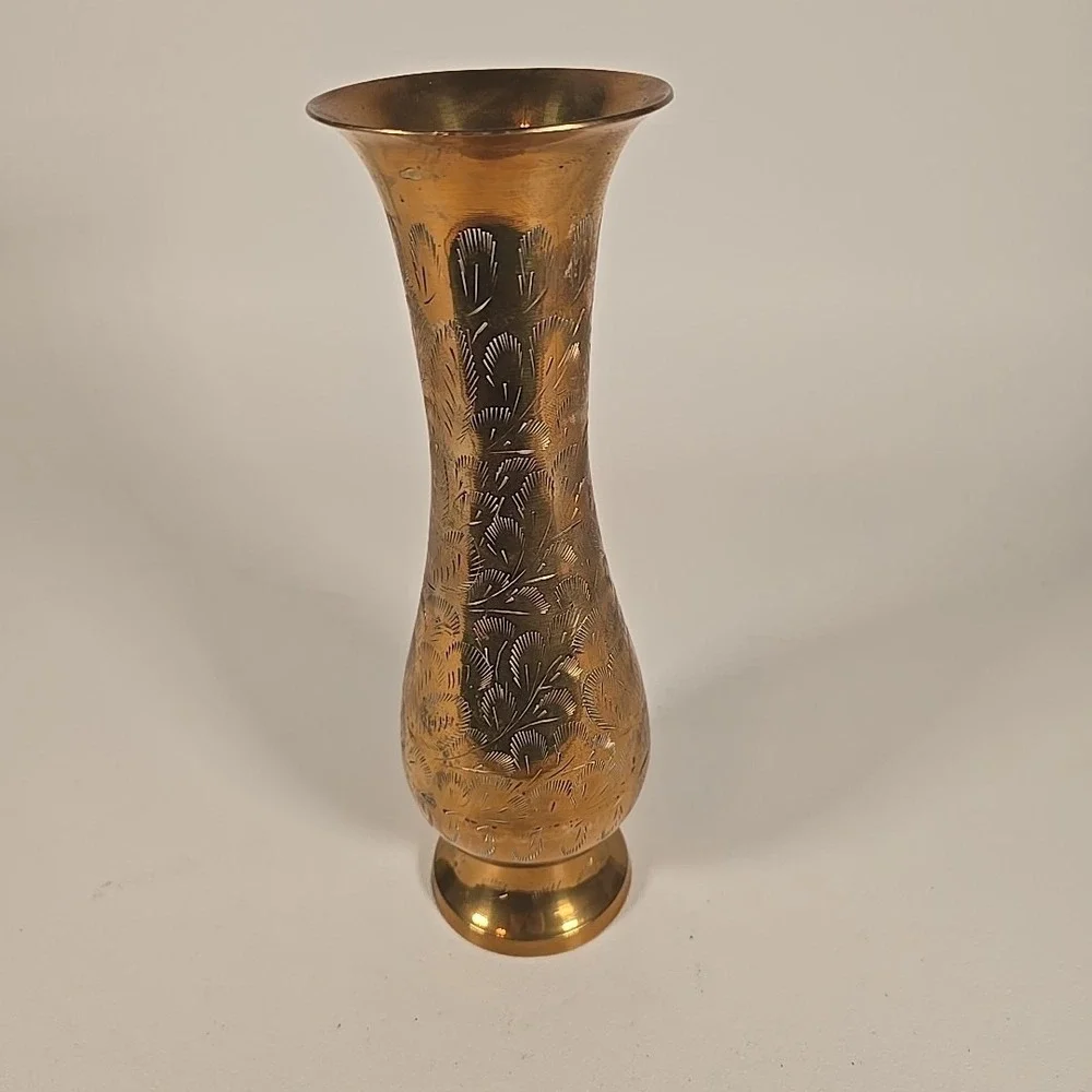 Vintage Solid Brass Vase India Made Etched Floral Design Gold Ornate 10Inch Tall